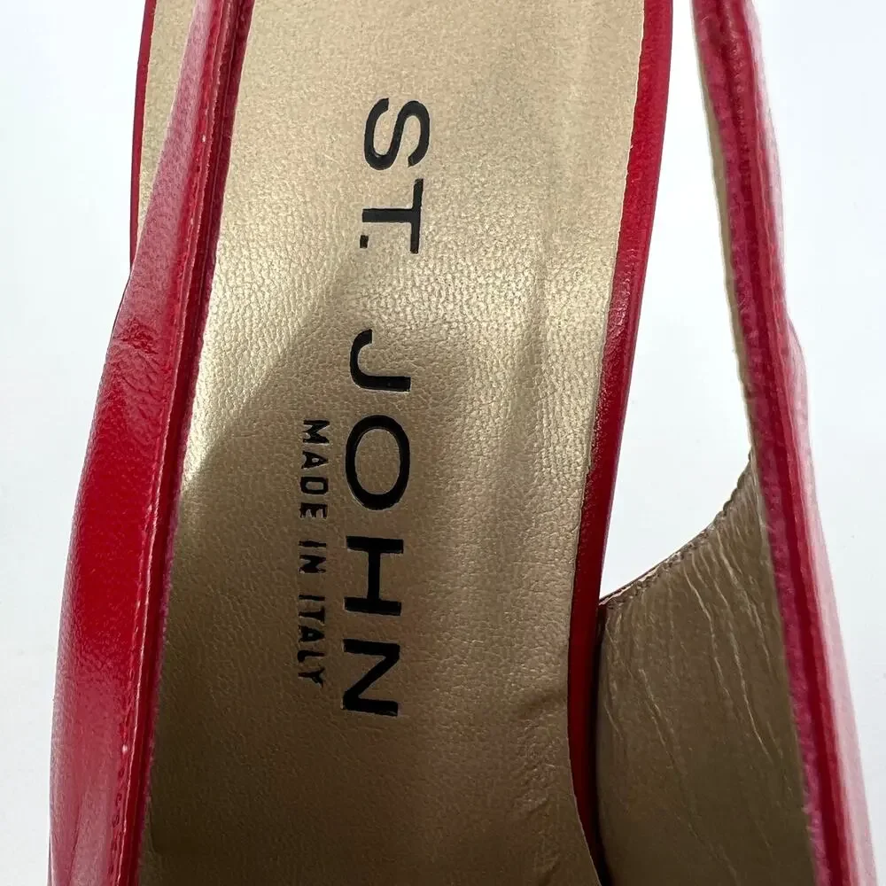 St. John Italy Red White Leather Slingback Heels Shoes Size 8 with Box dust bag